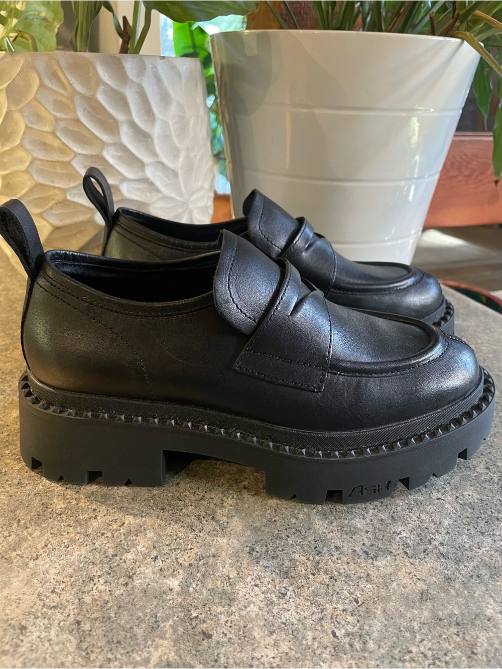 Ash Black Leather Chunky Lug Penny Loafers